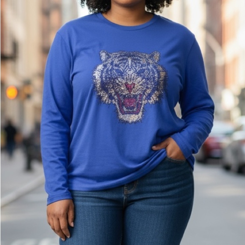 NWT Gianni Royal Blue Long Sleeve Tiger Face Rhinestone Shirt | Size 3X